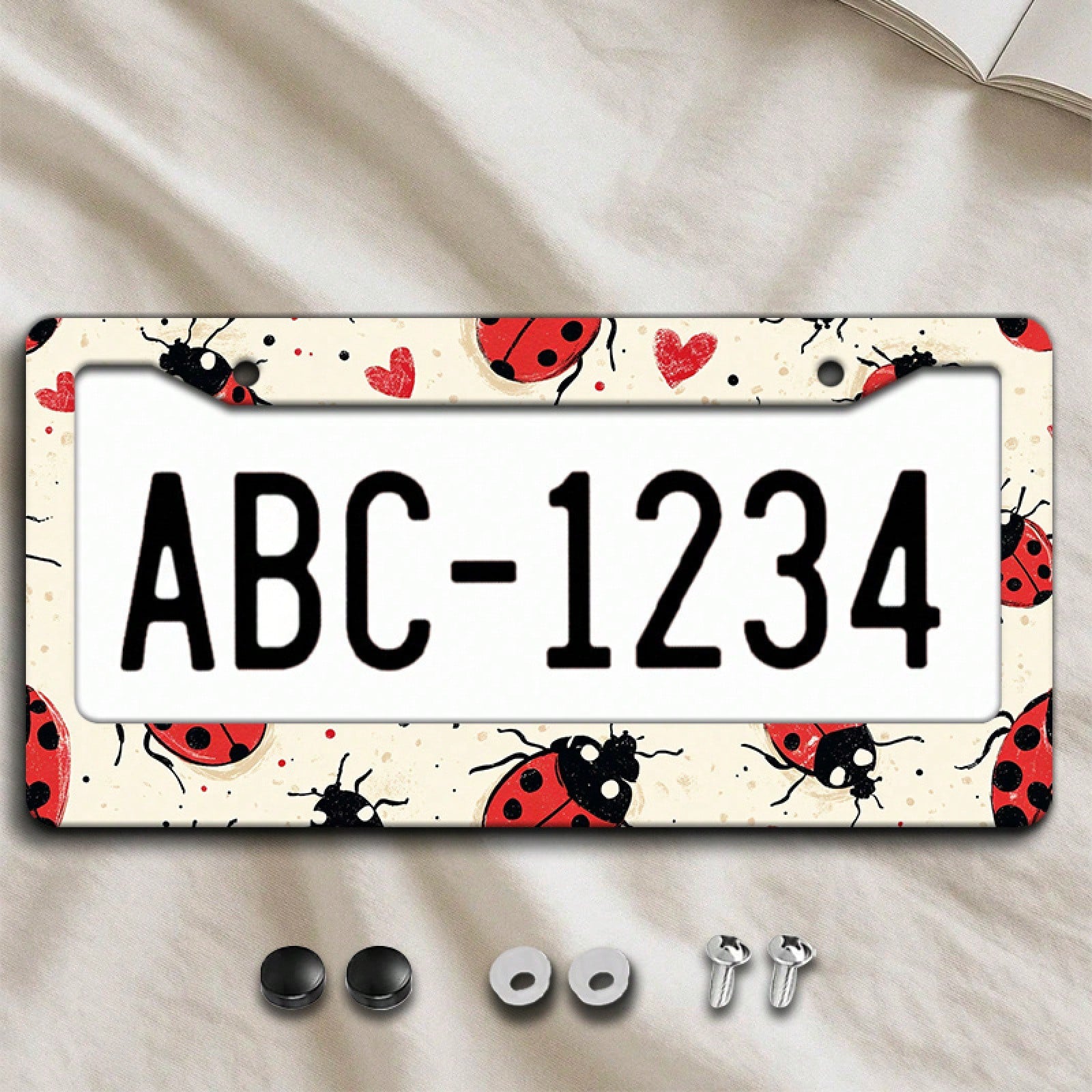[Activate] 2D Plane 1. 12.2inch X 6.3inch Creative License Plate Frame| Red And Black Ladybug Pattern Design, Universal Material, Stylish Car Decoration, An Ideal Choice For Car Enthusiasts, Includes