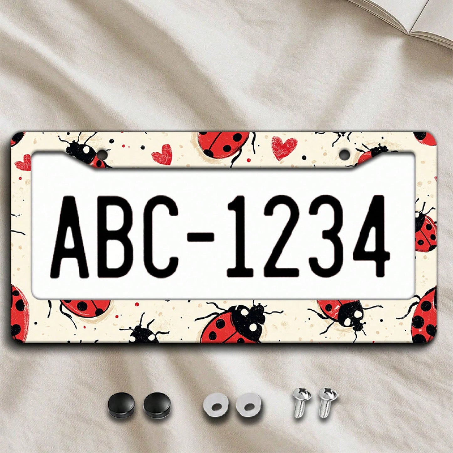 [Activate] 2D Plane 1. 12.2inch X 6.3inch Creative License Plate Frame| Red And Black Ladybug Pattern Design, Universal Material, Stylish Car Decoration, An Ideal Choice For Car Enthusiasts, Includes