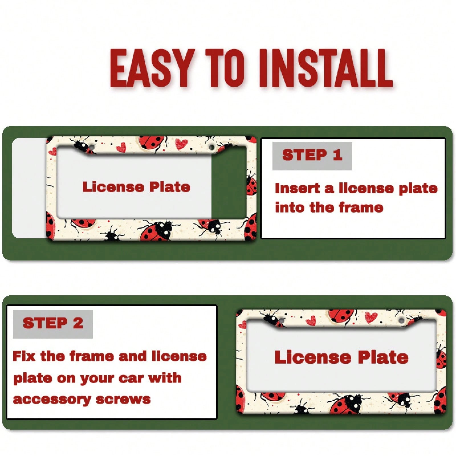 [Activate] 2D Plane 1. 12.2inch X 6.3inch Creative License Plate Frame| Red And Black Ladybug Pattern Design, Universal Material, Stylish Car Decoration, An Ideal Choice For Car Enthusiasts, Includes