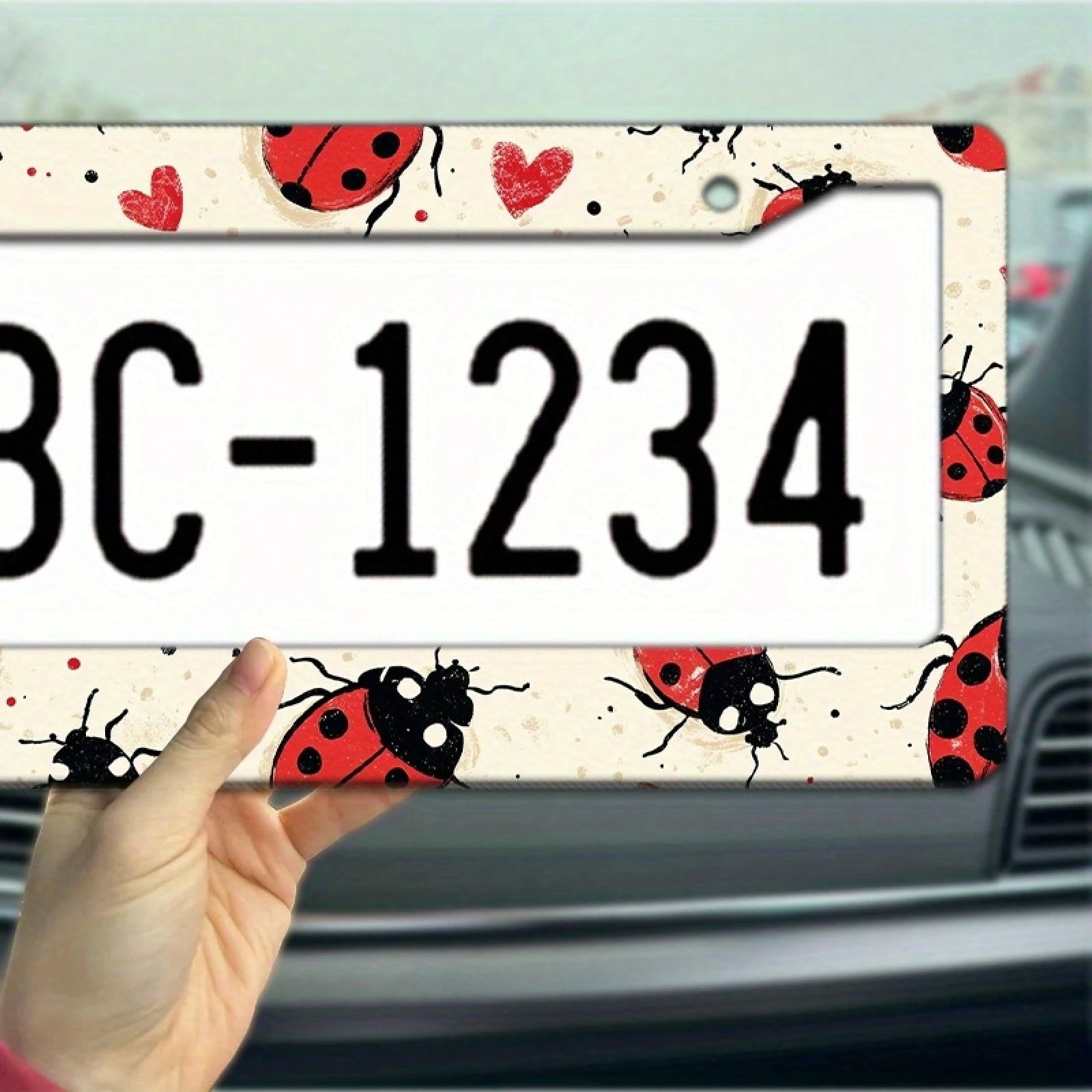 [Activate] 2D Plane 1. 12.2inch X 6.3inch Creative License Plate Frame| Red And Black Ladybug Pattern Design, Universal Material, Stylish Car Decoration, An Ideal Choice For Car Enthusiasts, Includes
