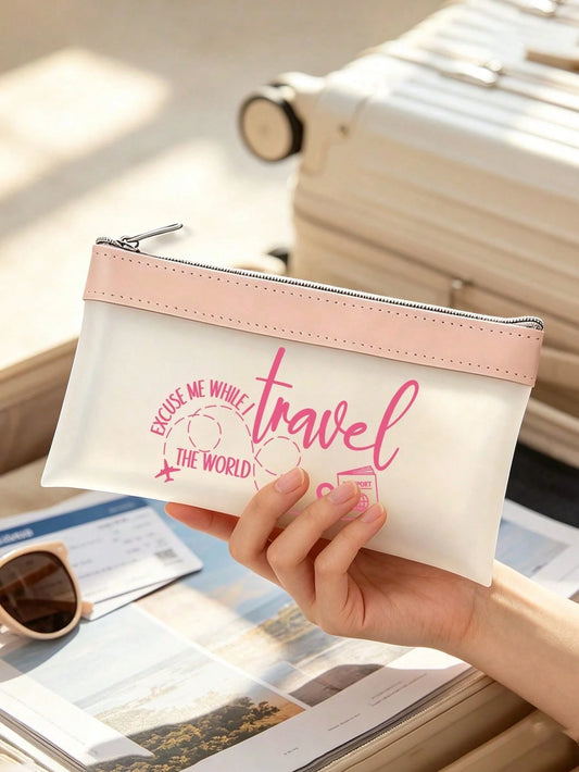 Airplane Theme Makeup Bag, Travel Cosmetic Organizer, Airplane Route, Travel Elements English Letter Print, Zipper Pouch, Cash Envelope, Passport Holder, Transparent Bank Deposit Bag, Smooth Zipper Li
