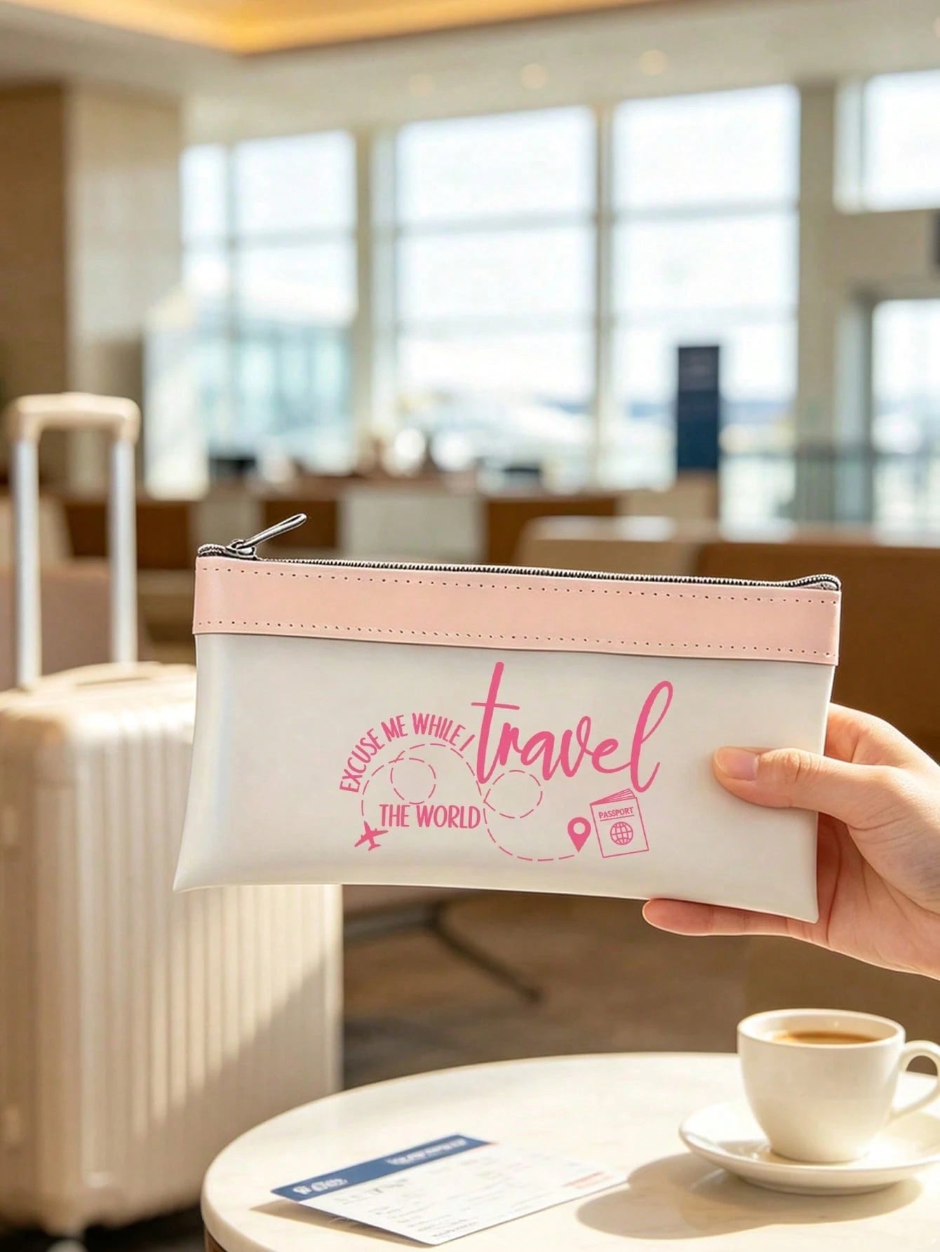 Airplane Theme Makeup Bag, Travel Cosmetic Organizer, Airplane Route, Travel Elements English Letter Print, Zipper Pouch, Cash Envelope, Passport Holder, Transparent Bank Deposit Bag, Smooth Zipper Li