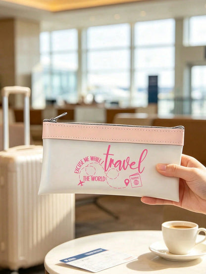 Airplane Theme Makeup Bag, Travel Cosmetic Organizer, Airplane Route, Travel Elements English Letter Print, Zipper Pouch, Cash Envelope, Passport Holder, Transparent Bank Deposit Bag, Smooth Zipper Li