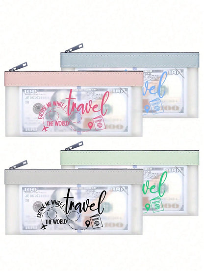 Airplane Theme Makeup Bag, Travel Cosmetic Organizer, Airplane Route, Travel Elements English Letter Print, Zipper Pouch, Cash Envelope, Passport Holder, Transparent Bank Deposit Bag, Smooth Zipper Li