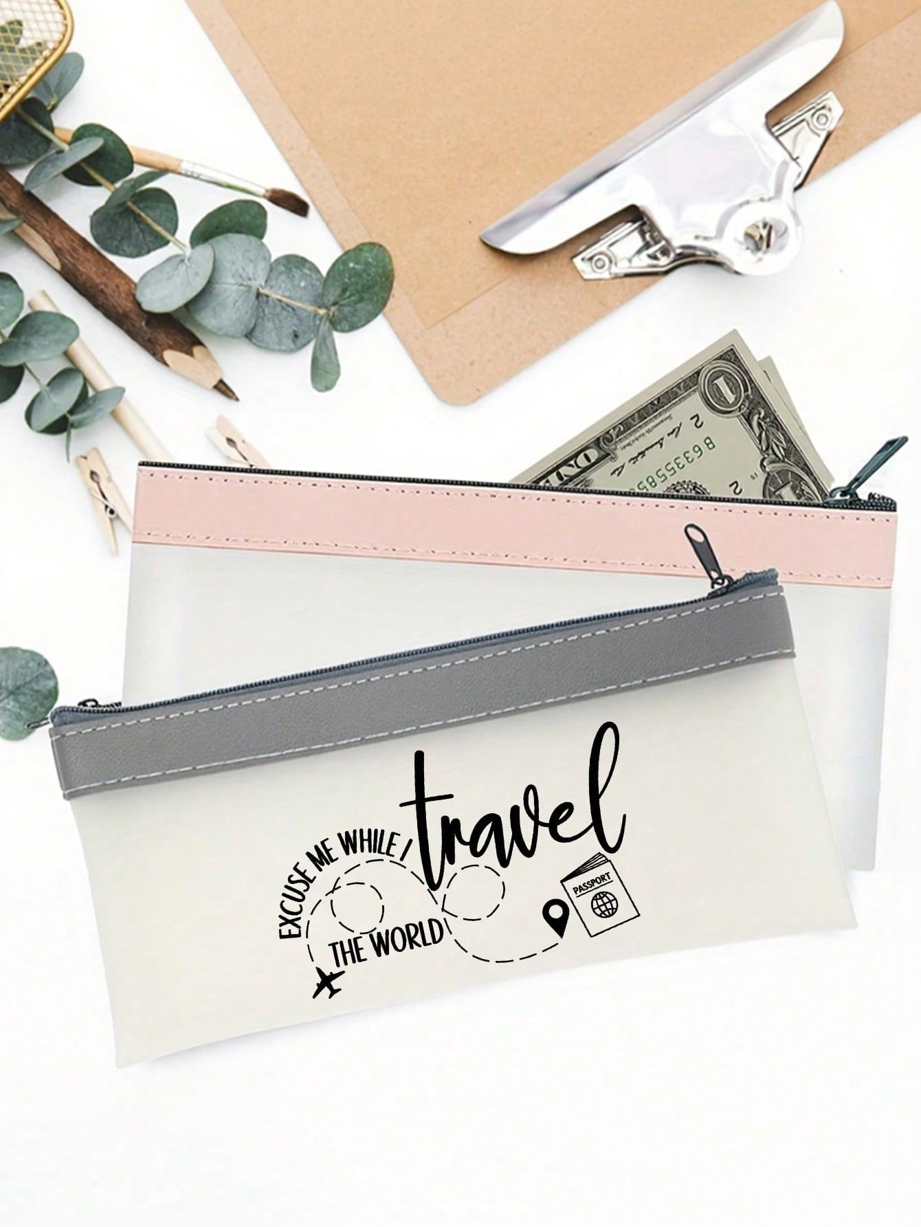 Airplane Theme Makeup Bag, Travel Cosmetic Organizer, Airplane Route, Travel Elements English Letter Print, Zipper Pouch, Cash Envelope, Passport Holder, Transparent Bank Deposit Bag, Smooth Zipper Li