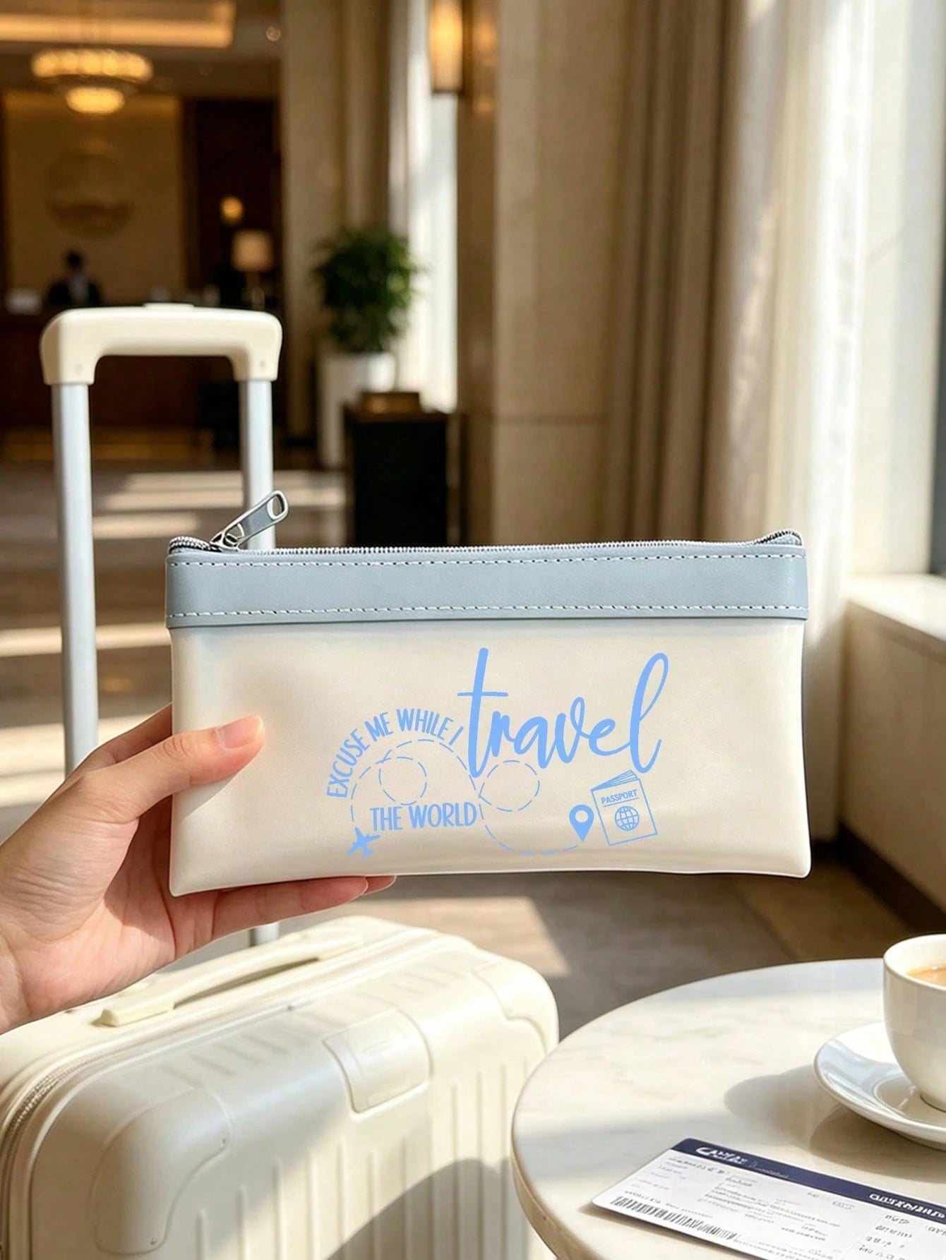 Airplane Theme Makeup Bag, Travel Cosmetic Organizer, Airplane Route, Travel Elements English Letter Print, Zipper Pouch, Cash Envelope, Passport Holder, Transparent Bank Deposit Bag, Smooth Zipper Li