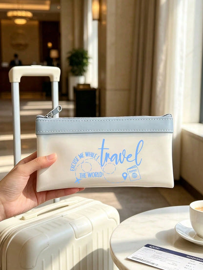 Airplane Theme Makeup Bag, Travel Cosmetic Organizer, Airplane Route, Travel Elements English Letter Print, Zipper Pouch, Cash Envelope, Passport Holder, Transparent Bank Deposit Bag, Smooth Zipper Li