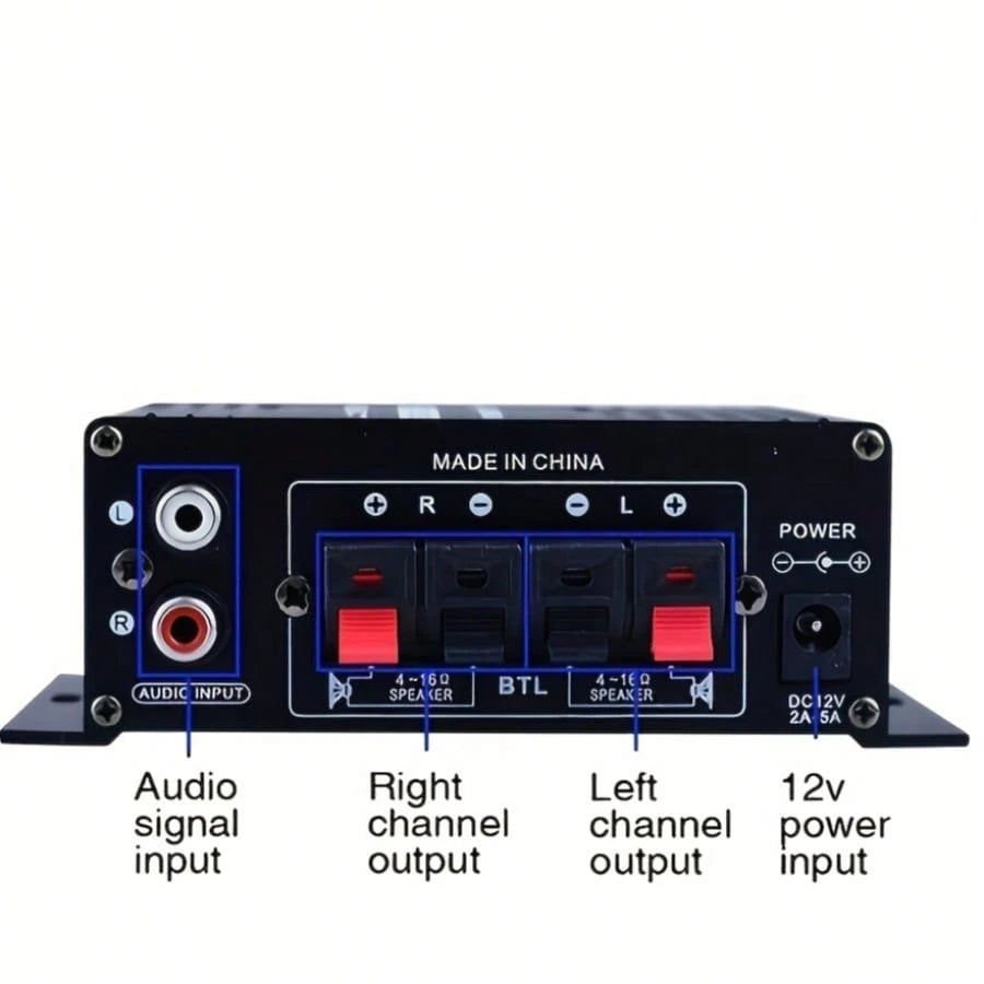 AK-170 Mini Car Audio Amplifier, 12V Voltage, 20W Powerful Car Speaker, Suitable For Cars, Motorcycles, Computers, MP3 Players, And Household/Road Vehicles- Black With Blue Indicator Light, Car Audio