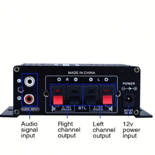 AK-170 Mini Car Audio Amplifier, 12V Voltage, 20W Powerful Car Speaker, Suitable For Cars, Motorcycles, Computers, MP3 Players, And Household/Road Vehicles- Black With Blue Indicator Light, Car Audio