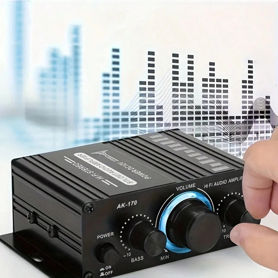 AK-170 Mini Car Audio Amplifier, 12V Voltage, 20W Powerful Car Speaker, Suitable For Cars, Motorcycles, Computers, MP3 Players, And Household/Road Vehicles- Black With Blue Indicator Light, Car Audio