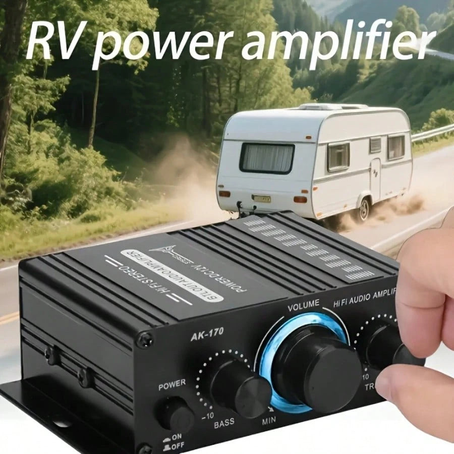 AK-170 Mini Car Audio Amplifier, 12V Voltage, 20W Powerful Car Speaker, Suitable For Cars, Motorcycles, Computers, MP3 Players, And Household/Road Vehicles- Black With Blue Indicator Light, Car Audio
