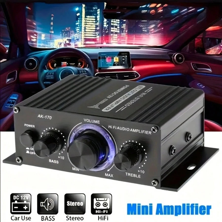 AK-170 Mini Car Audio Amplifier, 12V Voltage, 20W Powerful Car Speaker, Suitable For Cars, Motorcycles, Computers, MP3 Players, And Household/Road Vehicles- Black With Blue Indicator Light, Car Audio