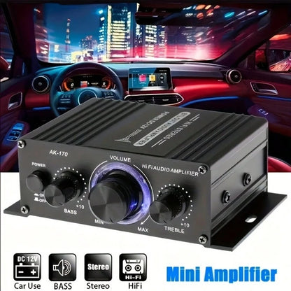 AK-170 Mini Car Audio Amplifier, 12V Voltage, 20W Powerful Car Speaker, Suitable For Cars, Motorcycles, Computers, MP3 Players, And Household/Road Vehicles- Black With Blue Indicator Light, Car Audio