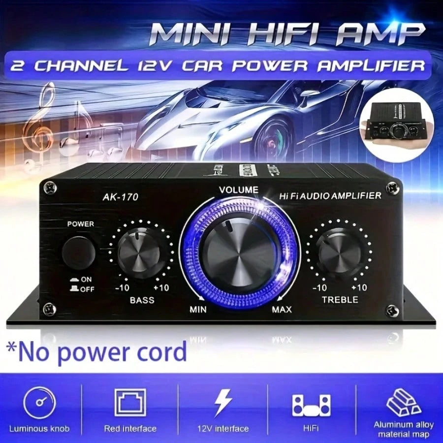AK-170 Mini Car Audio Amplifier, 12V Voltage, 20W Powerful Car Speaker, Suitable For Cars, Motorcycles, Computers, MP3 Players, And Household/Road Vehicles- Black With Blue Indicator Light, Car Audio
