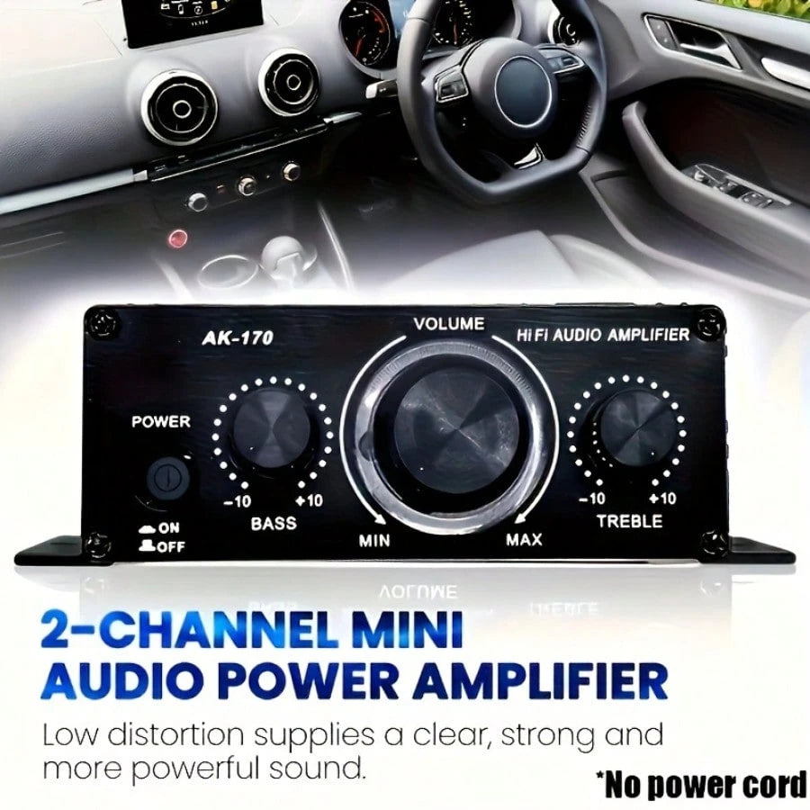 AK-170 Mini Car Audio Amplifier, 12V Voltage, 20W Powerful Car Speaker, Suitable For Cars, Motorcycles, Computers, MP3 Players, And Household/Road Vehicles- Black With Blue Indicator Light, Car Audio