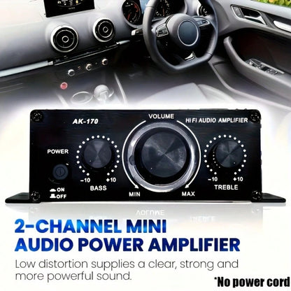 AK-170 Mini Car Audio Amplifier, 12V Voltage, 20W Powerful Car Speaker, Suitable For Cars, Motorcycles, Computers, MP3 Players, And Household/Road Vehicles- Black With Blue Indicator Light, Car Audio