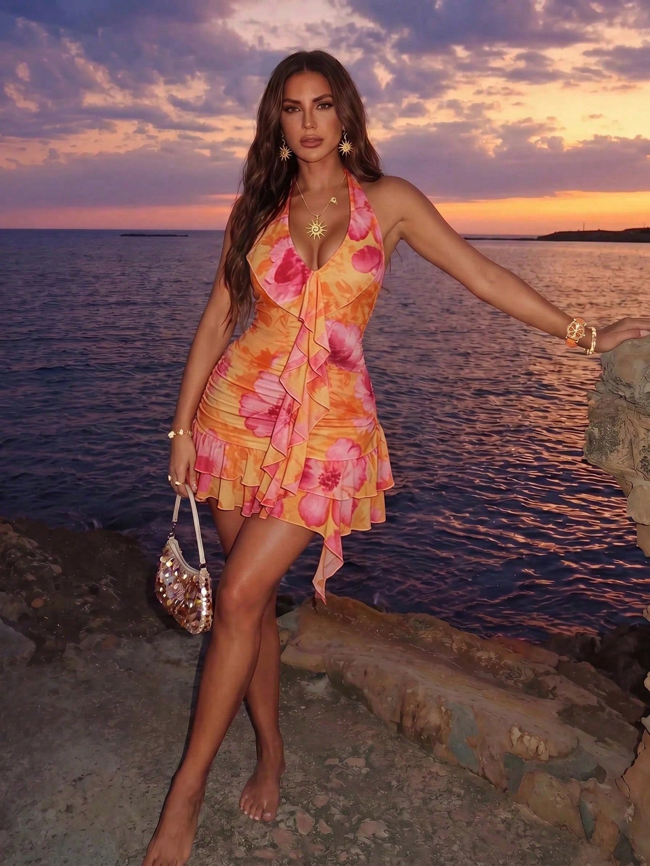 Allurite Women's Elegant Casual Sexy Short Dress, Summer Beach Holiday Vacation Vacation V-Neck Orange And Pink