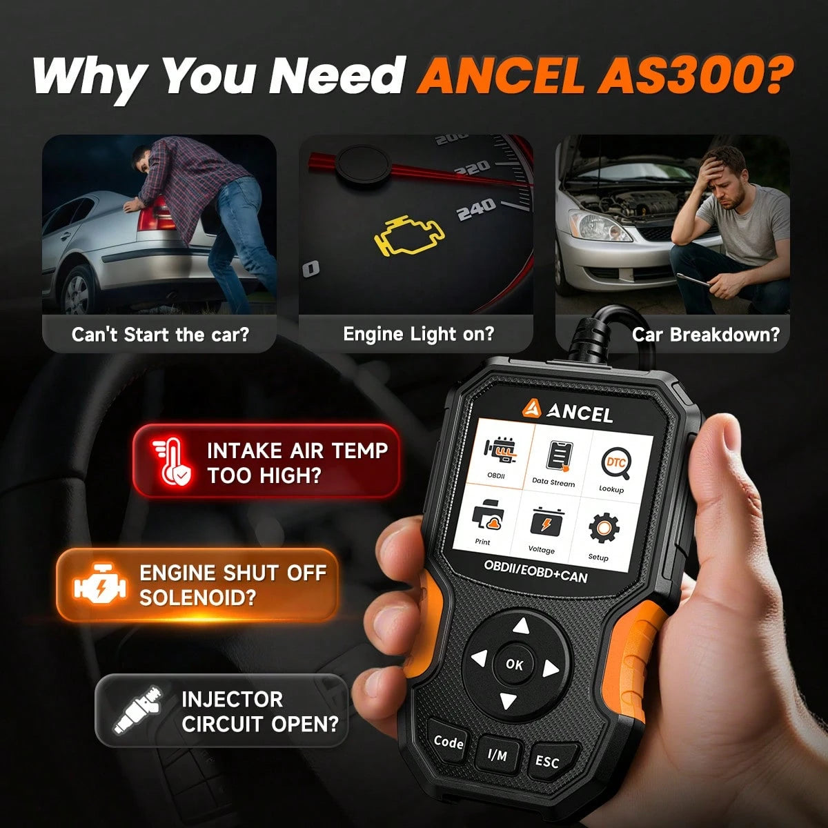 ANCEL AS300 OBD2 Scanner, IM Quick Test Key For Smog Check & Annual Inspection, Battery Test & Cloud Printing Function, Engine Code Reader To Turn Off Warning Light, Universal For EOBD Vehicles, Easy