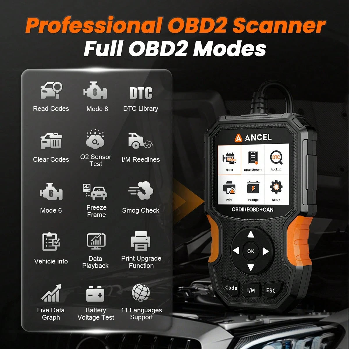 ANCEL AS300 OBD2 Scanner, IM Quick Test Key For Smog Check & Annual Inspection, Battery Test & Cloud Printing Function, Engine Code Reader To Turn Off Warning Light, Universal For EOBD Vehicles, Easy