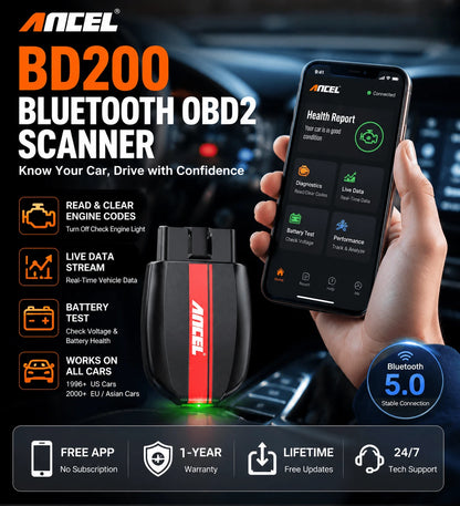 ANCEL BD200 Bluetooth OBD2 Scanner For All Cars, Check Engine Light Code Reader, Battery Test, Live Data, IOS & Android