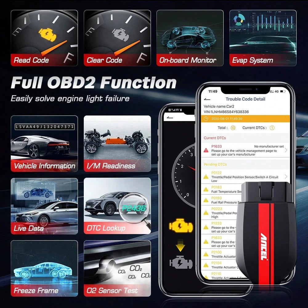 ANCEL BD200 Bluetooth OBD2 Scanner For All Cars, Check Engine Light Code Reader, Battery Test, Live Data, IOS & Android
