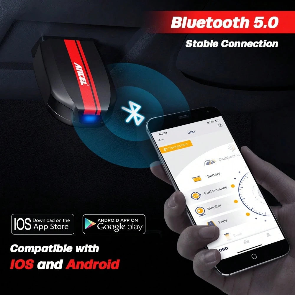 ANCEL BD200 Bluetooth OBD2 Scanner For All Cars, Check Engine Light Code Reader, Battery Test, Live Data, IOS & Android