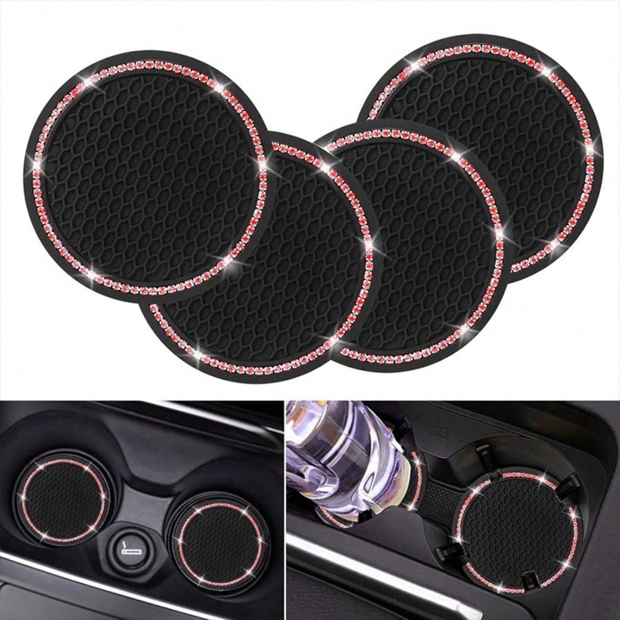 Anti-Slip Shock-Absorbing Rhinestone Decor Car Cup Holder Mat, Round Heat-Insulating Pad For Car Interior