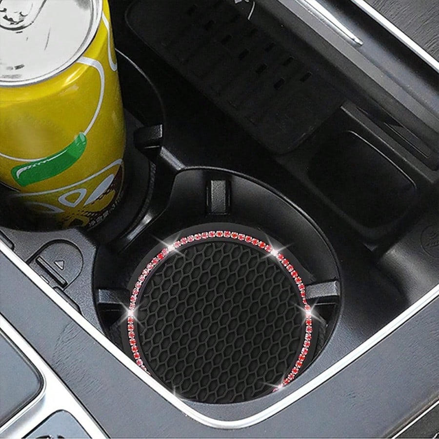 Anti-Slip Shock-Absorbing Rhinestone Decor Car Cup Holder Mat, Round Heat-Insulating Pad For Car Interior