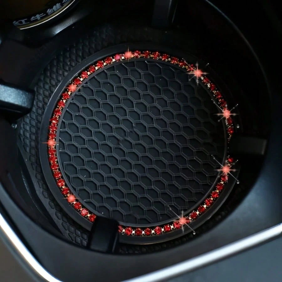 Anti-Slip Shock-Absorbing Rhinestone Decor Car Cup Holder Mat, Round Heat-Insulating Pad For Car Interior