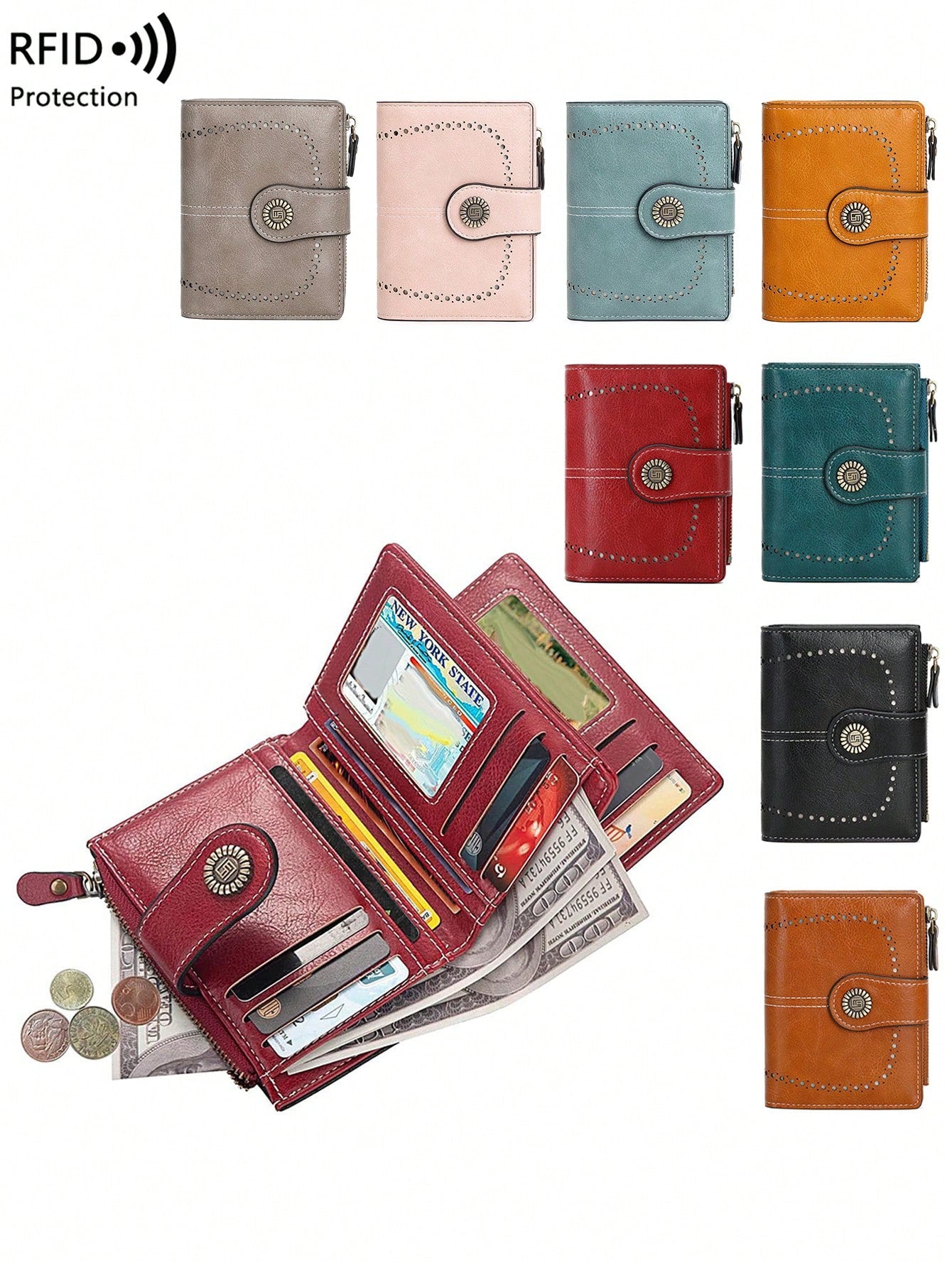 Anti-Theft Large Capacity Trifold Short Wallet, Multiple Card Slots PU Material, Solid Color Zipper Clasp Wallet, Multi-Functional European And American New Vintage Hollow Out Women's Valentine's Day