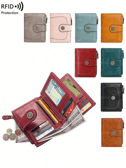 Anti-Theft Large Capacity Trifold Short Wallet, Multiple Card Slots PU Material, Solid Color Zipper Clasp Wallet, Multi-Functional European And American New Vintage Hollow Out Women's Valentine's Day