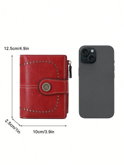 Anti-Theft Large Capacity Trifold Short Wallet, Multiple Card Slots PU Material, Solid Color Zipper Clasp Wallet, Multi-Functional European And American New Vintage Hollow Out Women's Valentine's Day