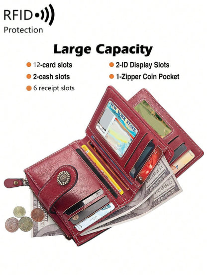 Anti-Theft Large Capacity Trifold Short Wallet, Multiple Card Slots PU Material, Solid Color Zipper Clasp Wallet, Multi-Functional European And American New Vintage Hollow Out Women's Valentine's Day