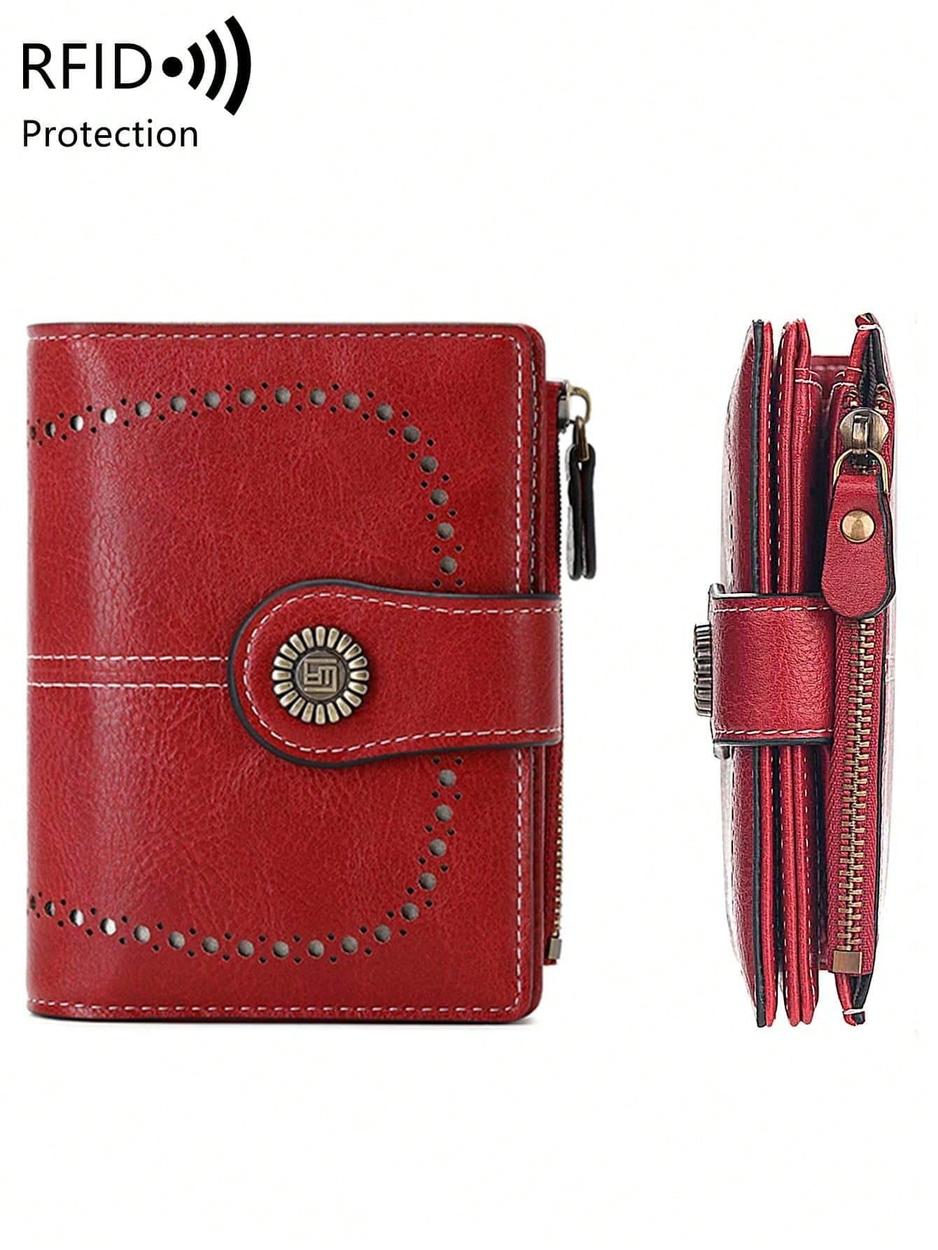 Anti-Theft Large Capacity Trifold Short Wallet, Multiple Card Slots PU Material, Solid Color Zipper Clasp Wallet, Multi-Functional European And American New Vintage Hollow Out Women's Valentine's Day