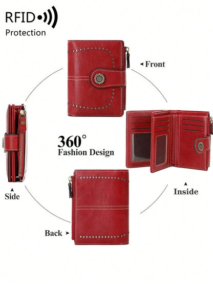 Anti-Theft Large Capacity Trifold Short Wallet, Multiple Card Slots PU Material, Solid Color Zipper Clasp Wallet, Multi-Functional European And American New Vintage Hollow Out Women's Valentine's Day