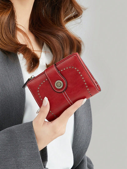 Anti-Theft Large Capacity Trifold Short Wallet, Multiple Card Slots PU Material, Solid Color Zipper Clasp Wallet, Multi-Functional European And American New Vintage Hollow Out Women's Valentine's Day