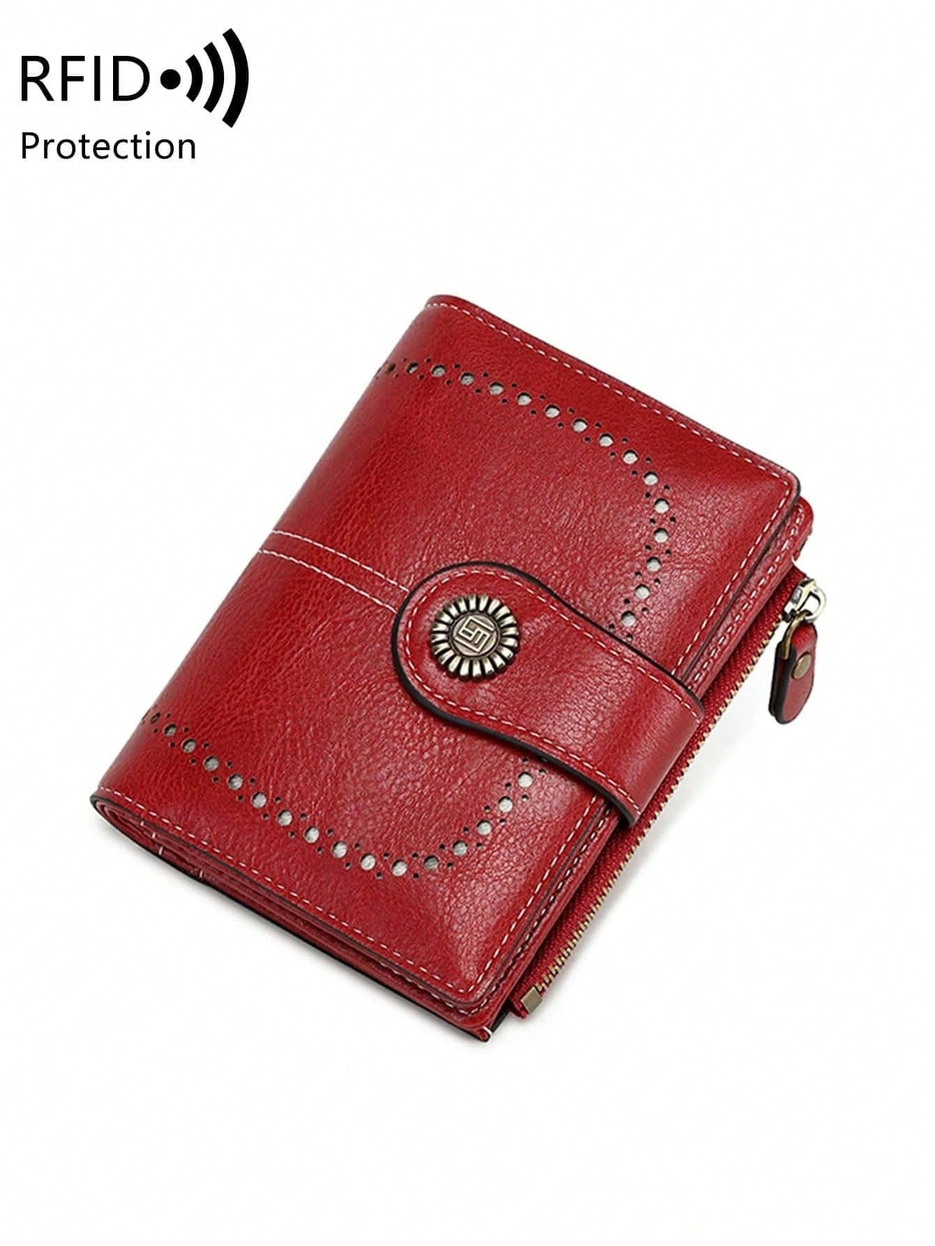 Anti-Theft Large Capacity Trifold Short Wallet, Multiple Card Slots PU Material, Solid Color Zipper Clasp Wallet, Multi-Functional European And American New Vintage Hollow Out Women's Valentine's Day