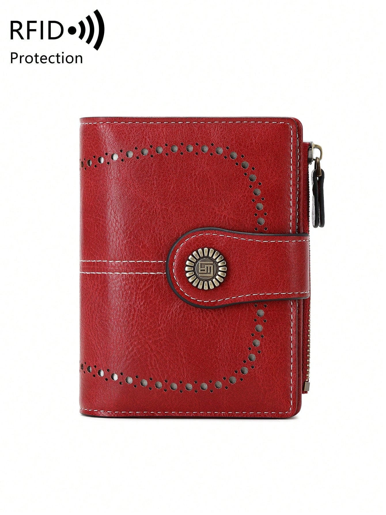 Anti-Theft Large Capacity Trifold Short Wallet, Multiple Card Slots PU Material, Solid Color Zipper Clasp Wallet, Multi-Functional European And American New Vintage Hollow Out Women's Valentine's Day
