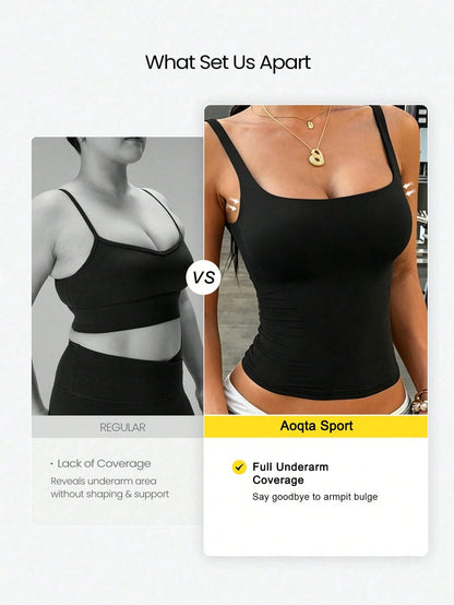 Aoqta Sports Women's Casual Knit Square Neck Cami Tank Top With Built-In Pads,Basic Solid Color Top For Yoga,Daily Wear,Training,Going Out,Business