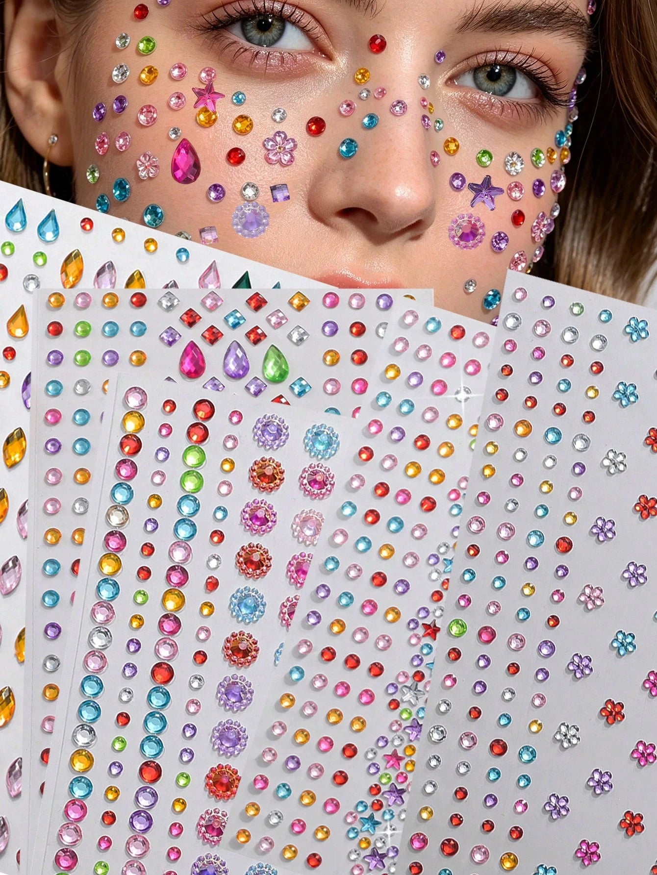 Approx. 700pcs/5sheets 3D Rainbow Rhinestone Face Gems Stickers, 5sheets Acrylic Sparkling Heart Star Stickers Self-Adhesive Diamonds Design For Makeup And Clothing, Multi-Color Rhinestone Face Gems S
