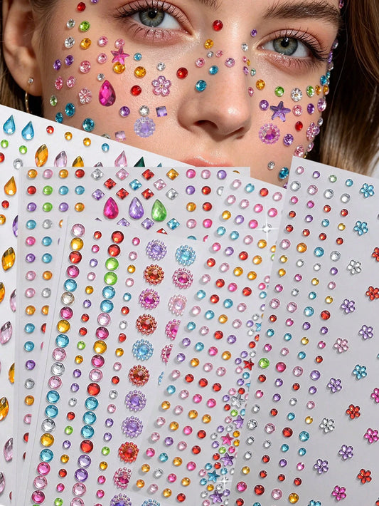 Approx. 700pcs/5sheets 3D Rainbow Rhinestone Face Gems Stickers, 5sheets Acrylic Sparkling Heart Star Stickers Self-Adhesive Diamonds Design For Makeup And Clothing, Multi-Color Rhinestone Face Gems S