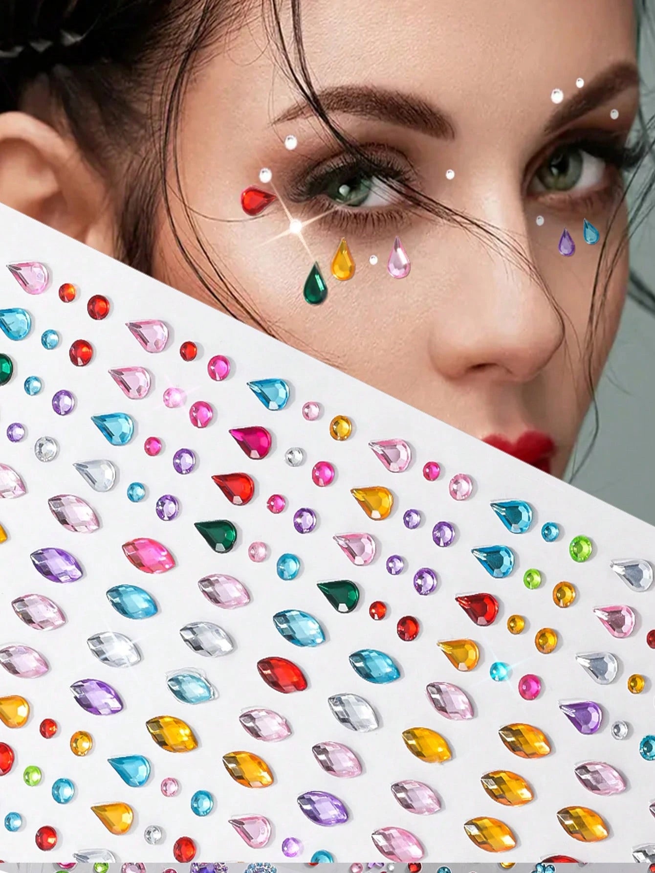 Approx. 700pcs/5sheets 3D Rainbow Rhinestone Face Gems Stickers, 5sheets Acrylic Sparkling Heart Star Stickers Self-Adhesive Diamonds Design For Makeup And Clothing, Multi-Color Rhinestone Face Gems S