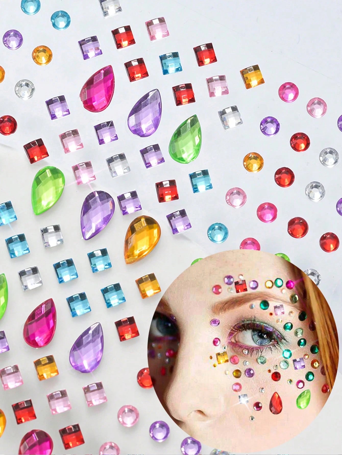 Approx. 700pcs/5sheets 3D Rainbow Rhinestone Face Gems Stickers, 5sheets Acrylic Sparkling Heart Star Stickers Self-Adhesive Diamonds Design For Makeup And Clothing, Multi-Color Rhinestone Face Gems S