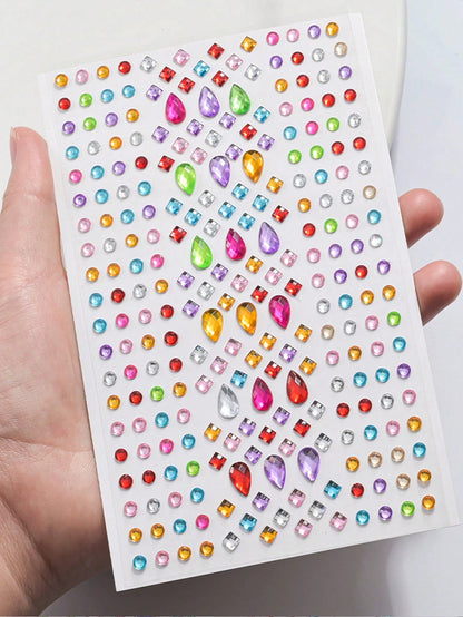 Approx. 700pcs/5sheets 3D Rainbow Rhinestone Face Gems Stickers, 5sheets Acrylic Sparkling Heart Star Stickers Self-Adhesive Diamonds Design For Makeup And Clothing, Multi-Color Rhinestone Face Gems S
