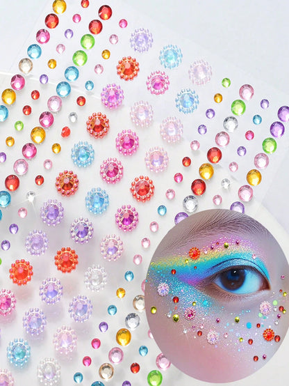 Approx. 700pcs/5sheets 3D Rainbow Rhinestone Face Gems Stickers, 5sheets Acrylic Sparkling Heart Star Stickers Self-Adhesive Diamonds Design For Makeup And Clothing, Multi-Color Rhinestone Face Gems S