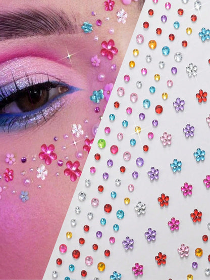 Approx. 700pcs/5sheets 3D Rainbow Rhinestone Face Gems Stickers, 5sheets Acrylic Sparkling Heart Star Stickers Self-Adhesive Diamonds Design For Makeup And Clothing, Multi-Color Rhinestone Face Gems S