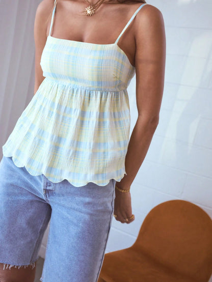 Aralina Plaid Tie Back Flowy Vacation Summer Babydoll Peplum Cami Top Cute Tops Summer Outfits For Women Vacation Outfits Women Going Out Tops Women Cami Top