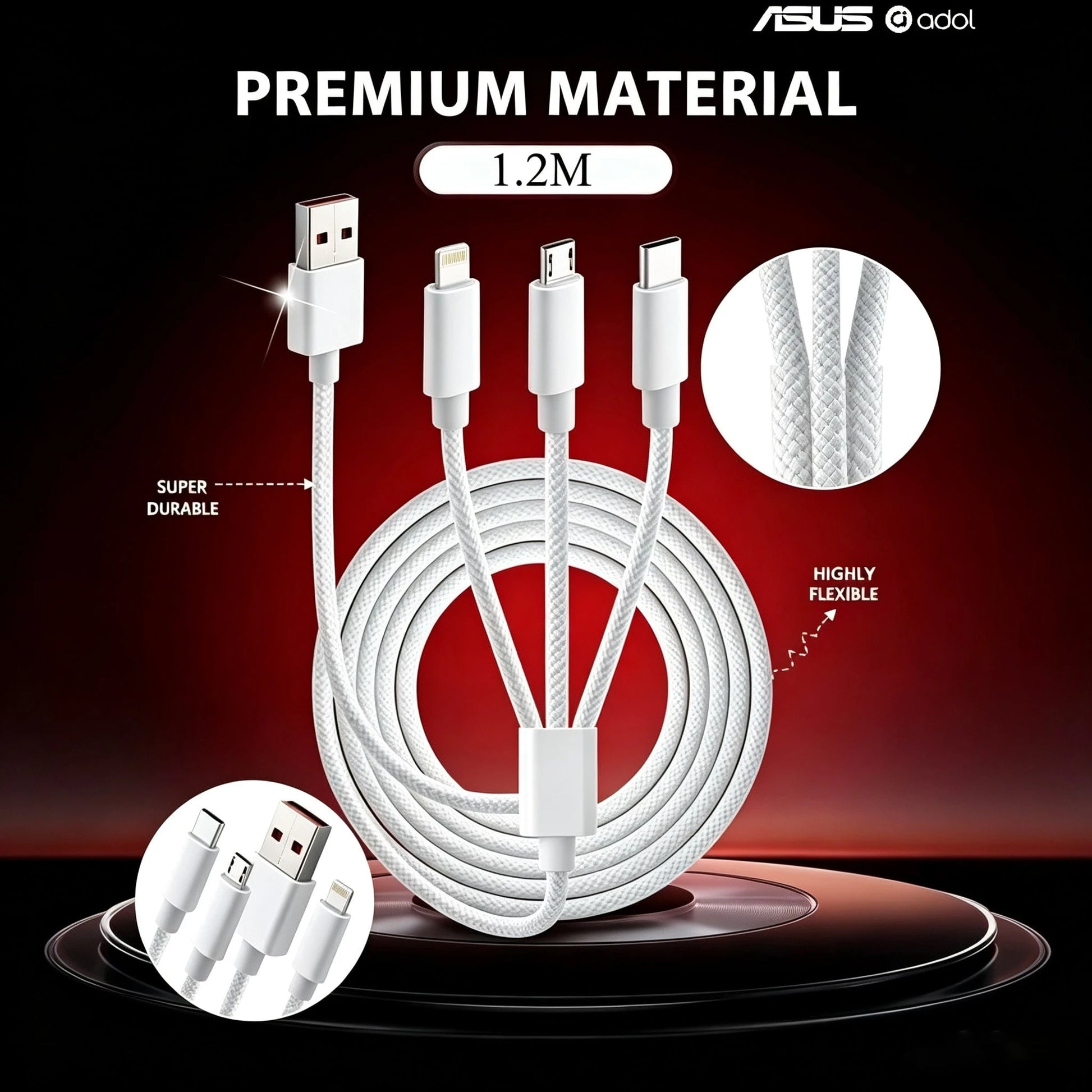 ASUS 3-In-1 Fast Charging Data Cable 1.2m/4ft Multi-Port Charging Cable, Durable Braided Anti-Break, Compatible With IPhone 17 Pro Max, 16 Pro/15/14/13/12 And Other Smartphones, USB-A To Lightning/Typ