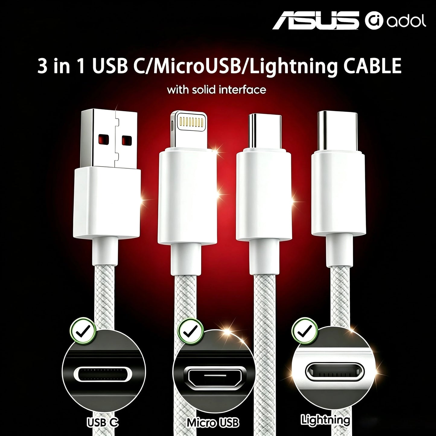 ASUS 3-In-1 Fast Charging Data Cable 1.2m/4ft Multi-Port Charging Cable, Durable Braided Anti-Break, Compatible With IPhone 17 Pro Max, 16 Pro/15/14/13/12 And Other Smartphones, USB-A To Lightning/Typ