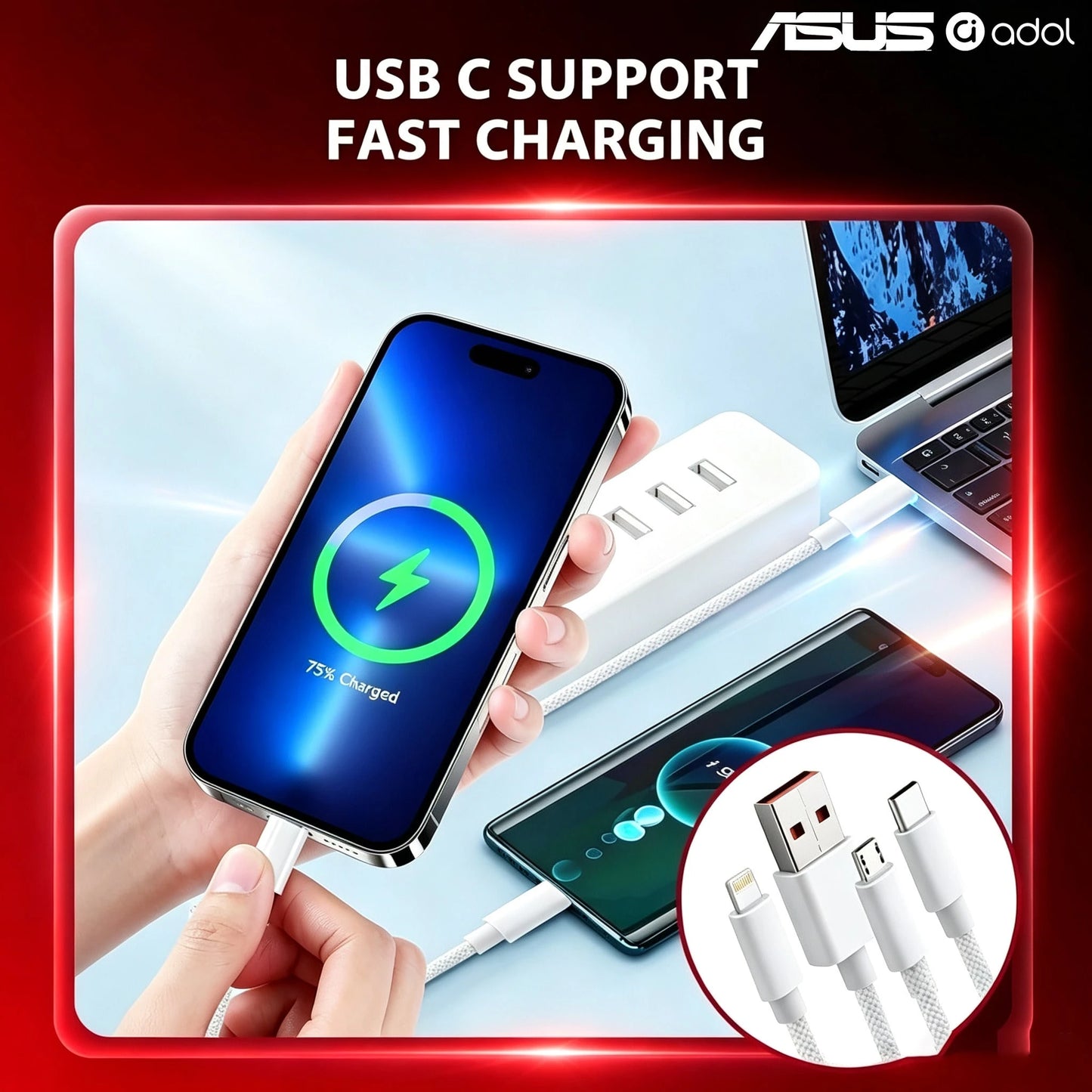 ASUS 3-In-1 Fast Charging Data Cable 1.2m/4ft Multi-Port Charging Cable, Durable Braided Anti-Break, Compatible With IPhone 17 Pro Max, 16 Pro/15/14/13/12 And Other Smartphones, USB-A To Lightning/Typ